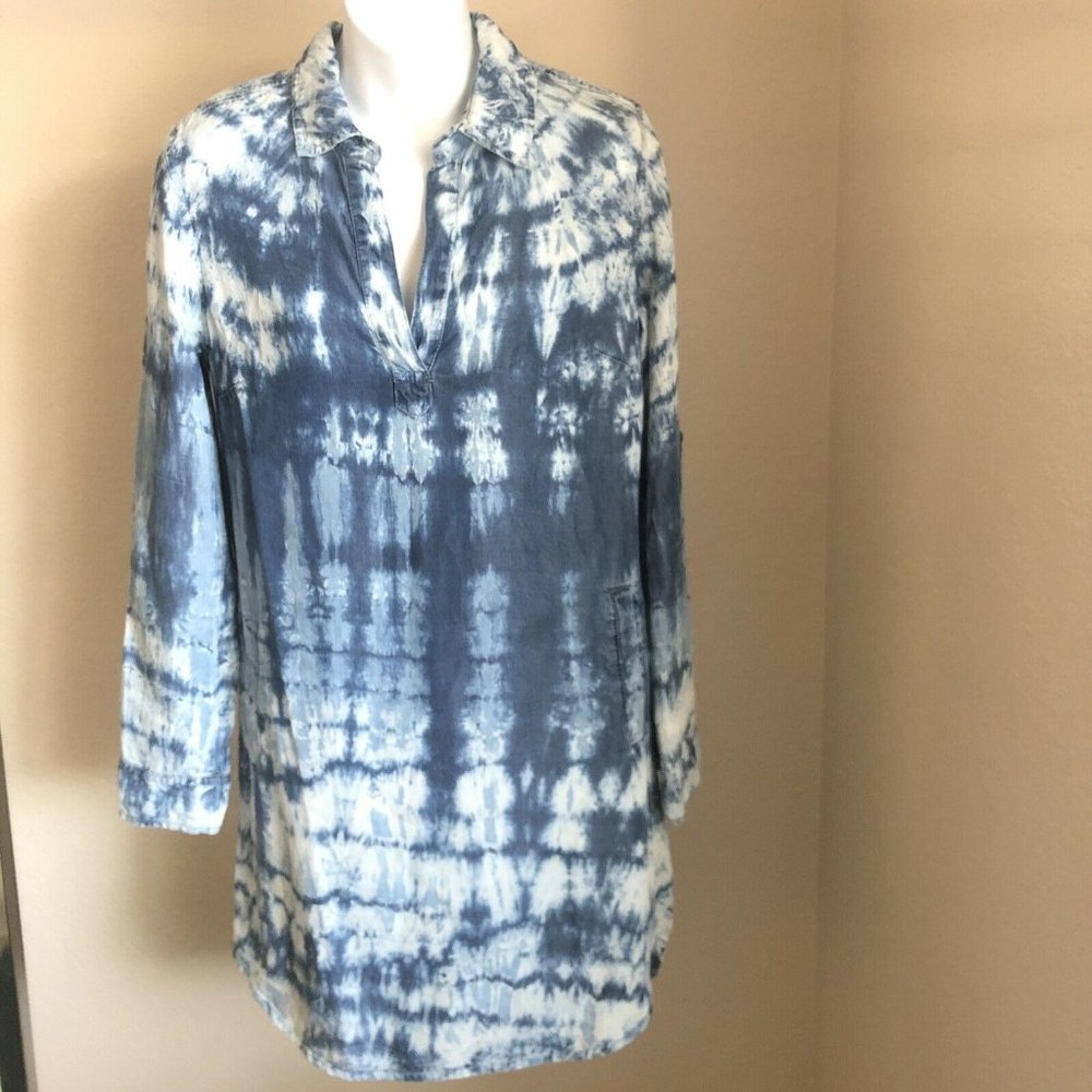 Splendid Women Small Blue Tie Dye Cotton Long Sleeve Tunic Shirt Dress